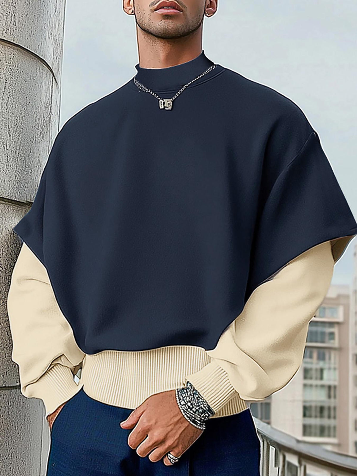 Men'S Lightweight Casual Pullover with Color Block Patchwork, Featuring Long Sleeves And a Crew Neck, Perfect for Daily Street Wear - Navy Color