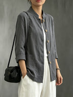 Chinese Style Small Lapel Three-Quarter Sleeve, Relaxed Style Breathable Casual Vacation All-Match Jacket - Dark Gray
