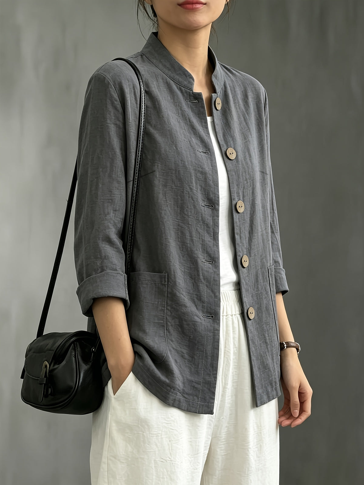 Chinese Style Small Lapel Three-Quarter Sleeve, Relaxed Style Breathable Casual Vacation All-Match Jacket - Dark Gray