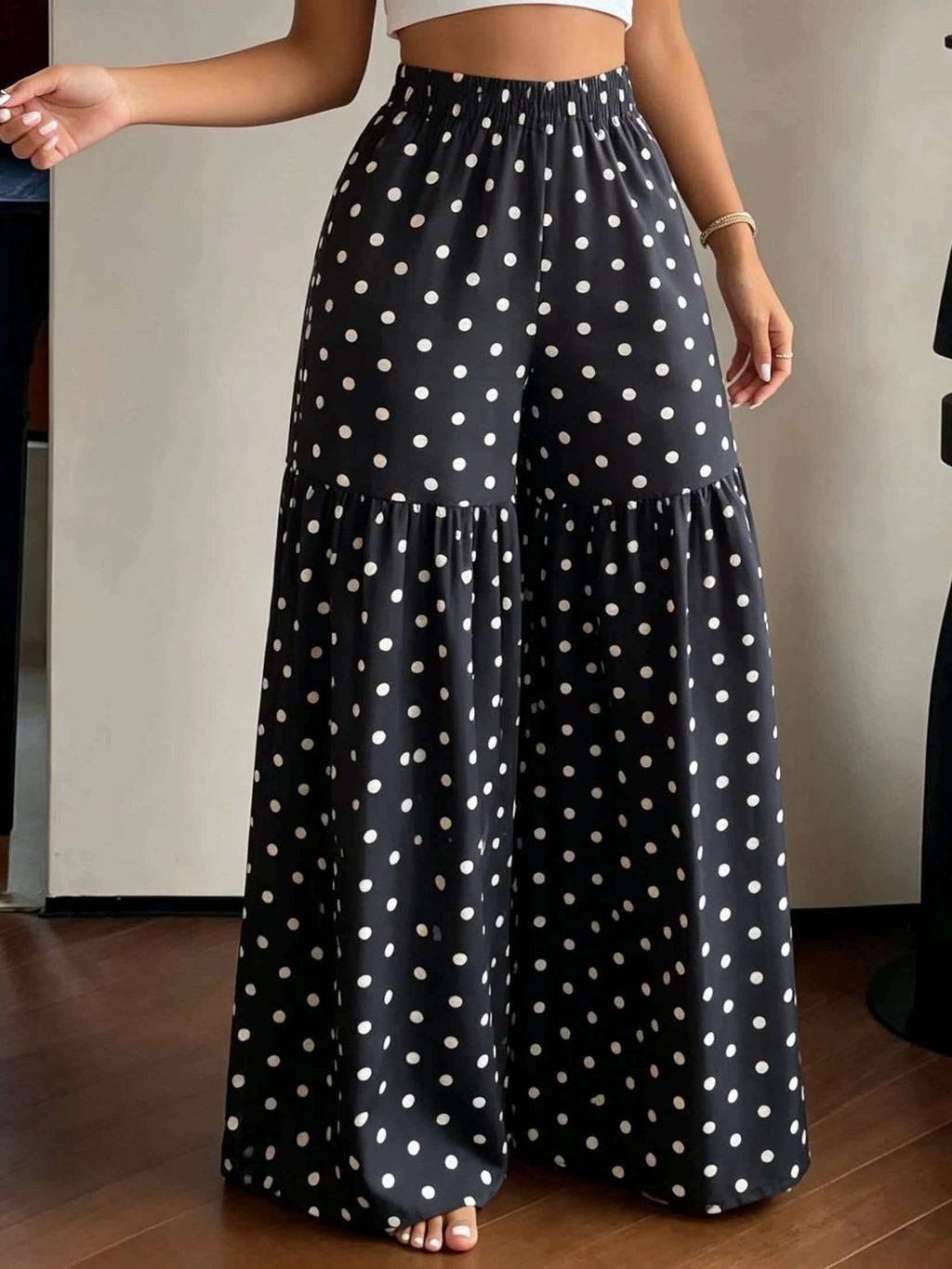 French Retro Polka Dot Wide-Leg Pants Women'S High-Waist Drapey Loose Flared Floor-Length Trousers - Black