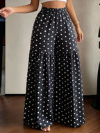 French Retro Polka Dot Wide-Leg Pants Women'S High-Waist Drapey Loose Flared Floor-Length Trousers - Black