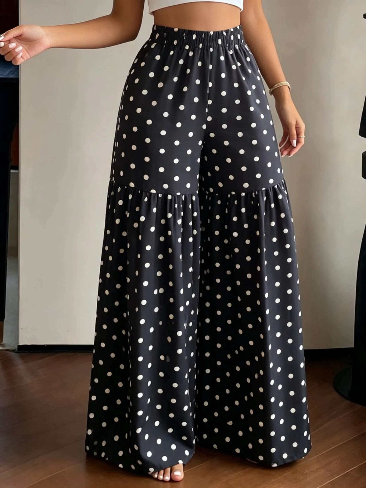 French Retro Polka Dot Wide-Leg Pants Women'S High-Waist Drapey Loose Flared Floor-Length Trousers - Black