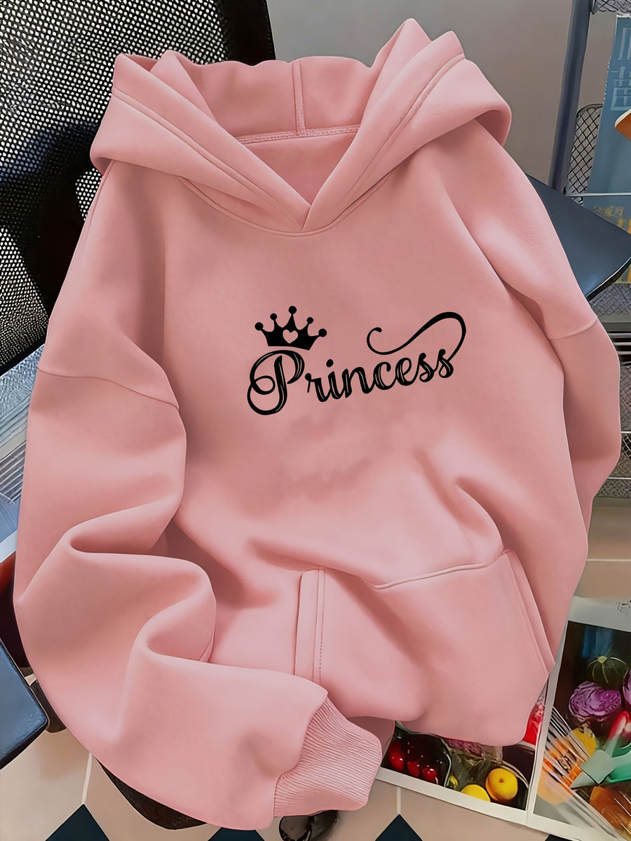 D92-1pc Loose Hooded Sweatshirt, Fashionable Versatile Princess Crown Pattern Printed Hooded Sweatshirt, Spring And Autumn, Women'S Size L15172 - Pink Color
