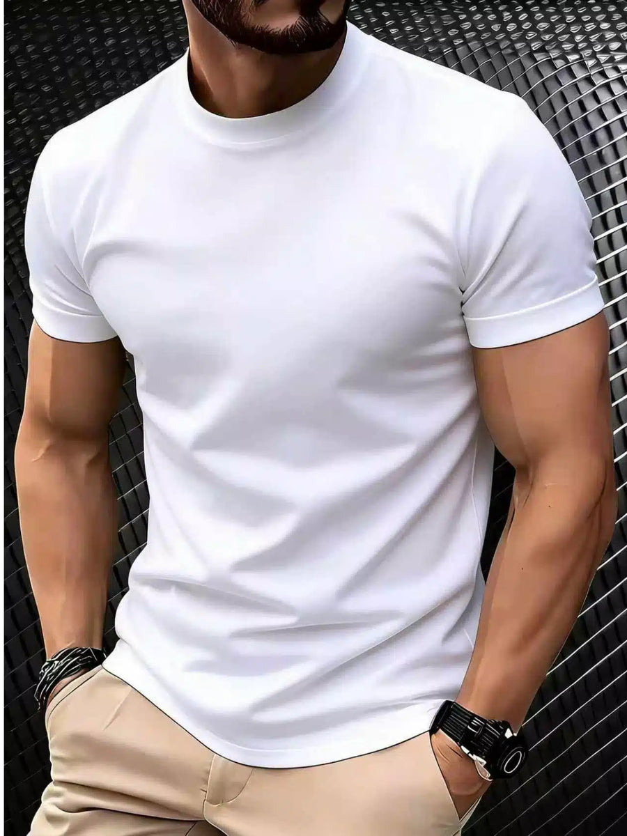 Solid Color Breathable Trendy Short-Sleeve Men's T-Shirt in White, Black, Blue, Navy - White
