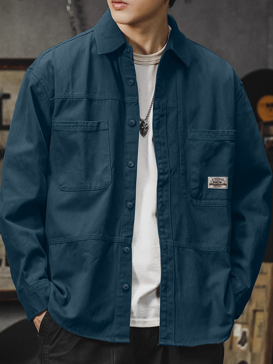 Men'S Cargo Shirt Spring Autumn Long Sleeve Top Vintage Workwear Style Multi-Pocket American Casual Top Outerwear, New Season - Navy Color