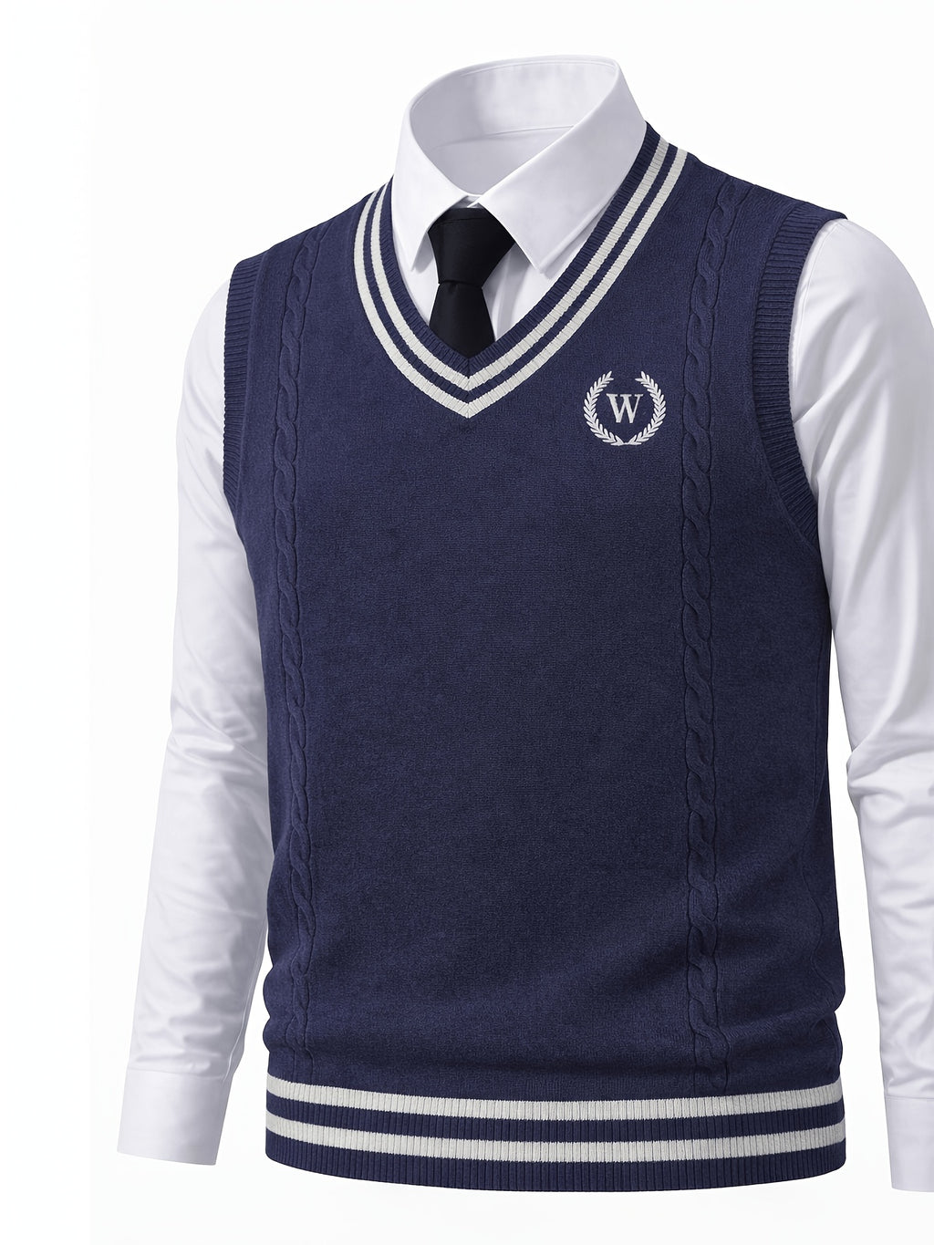 Men's Cable Knit Sweater Vest Sleeveless Striped Trim & Embroidered Logo Waistcoat - Preppy Business Casual Fall Winter Knit Vest Suitable for Office, Semi-Formal Wear, Layering Piece - Navy Color