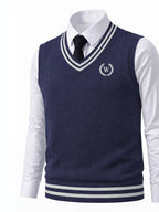Men's Cable Knit Sweater Vest Sleeveless Striped Trim & Embroidered Logo Waistcoat - Preppy Business Casual Fall Winter Knit Vest Suitable for Office, Semi-Formal Wear, Layering Piece - Navy Color