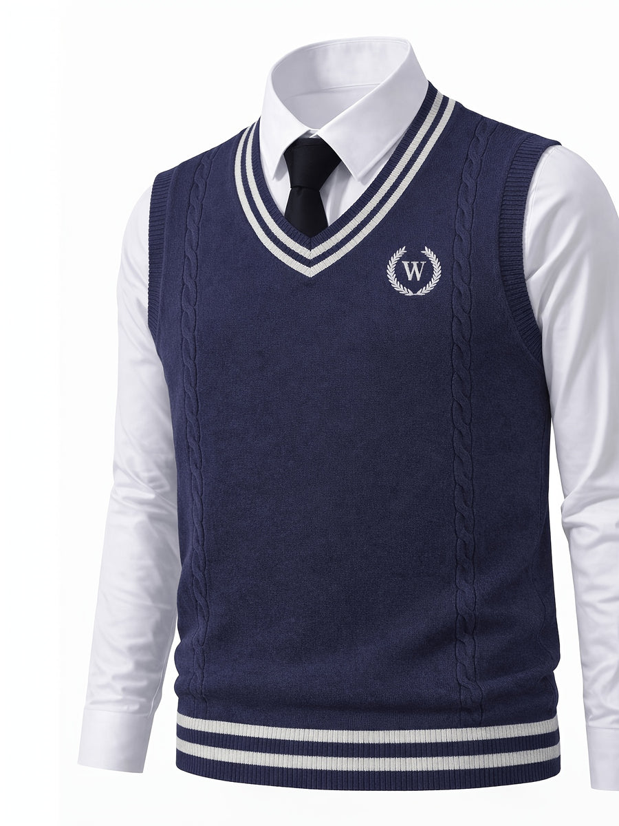 Men's Cable Knit Sweater Vest Sleeveless Striped Trim & Embroidered Logo Waistcoat - Preppy Business Casual Fall Winter Knit Vest Suitable for Office, Semi-Formal Wear, Layering Piece - Navy Color
