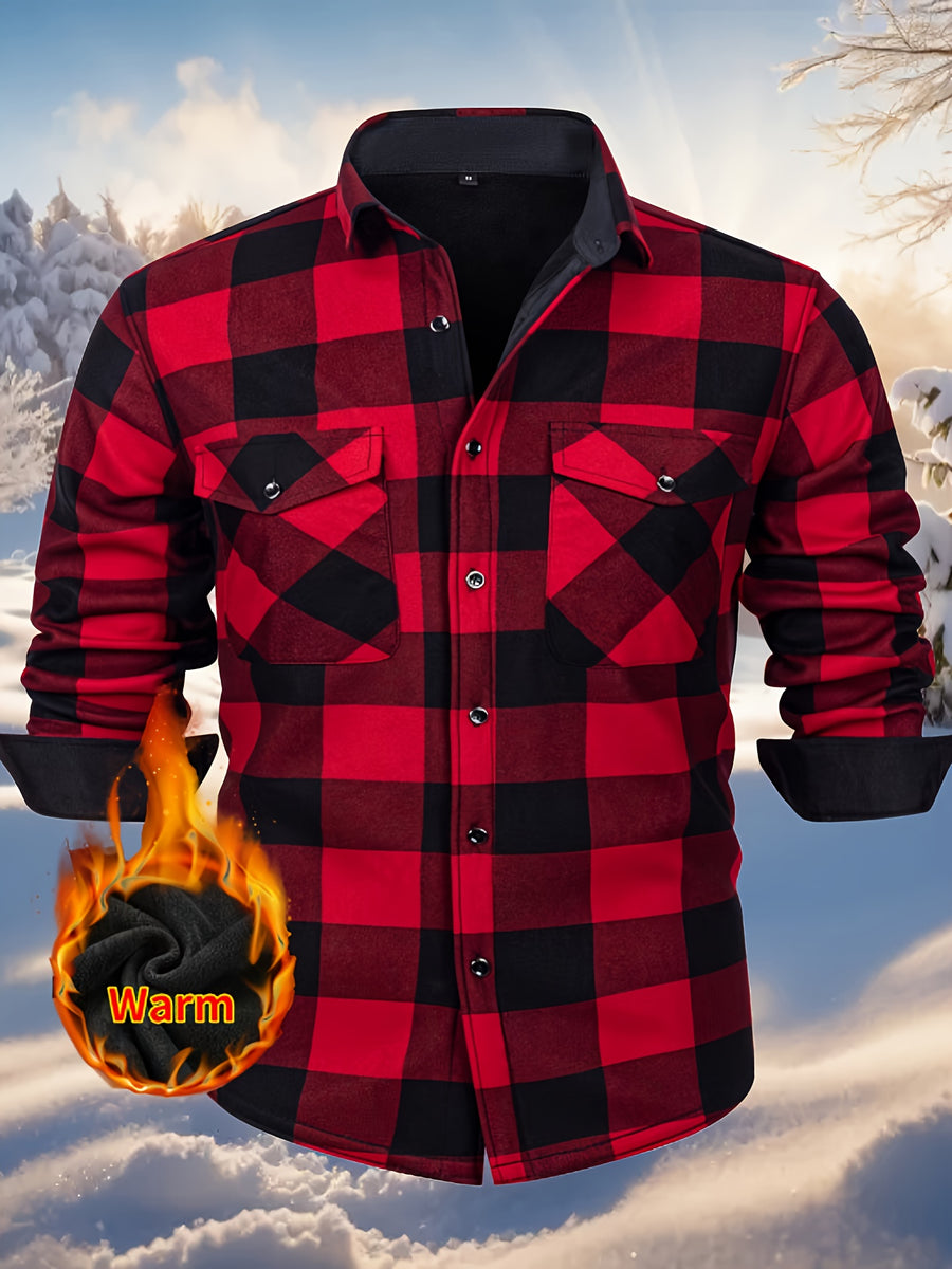 2026 Men's Plaid Shirt - Color Block Design, Brushed Lining, Warm Winter Flannel (Casual & Outdoor) Color Block Lining, Cold Weather Flannel for Outdoor Bold Color Block, Brushed Interior, Urban Style - Brick Red