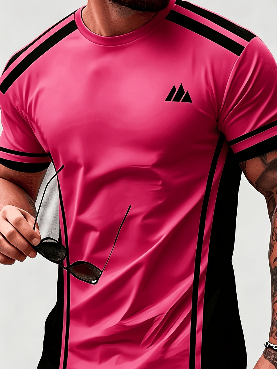 Men'S Trendy Casual Sports T-Shirt, Yellow Black Contrast Striped Mountain Peak Small Label Print Design, Fashionable Thin Breathable T-Shirt, Machine Washable Casual Short Sleeve Top - Mixed Color 8