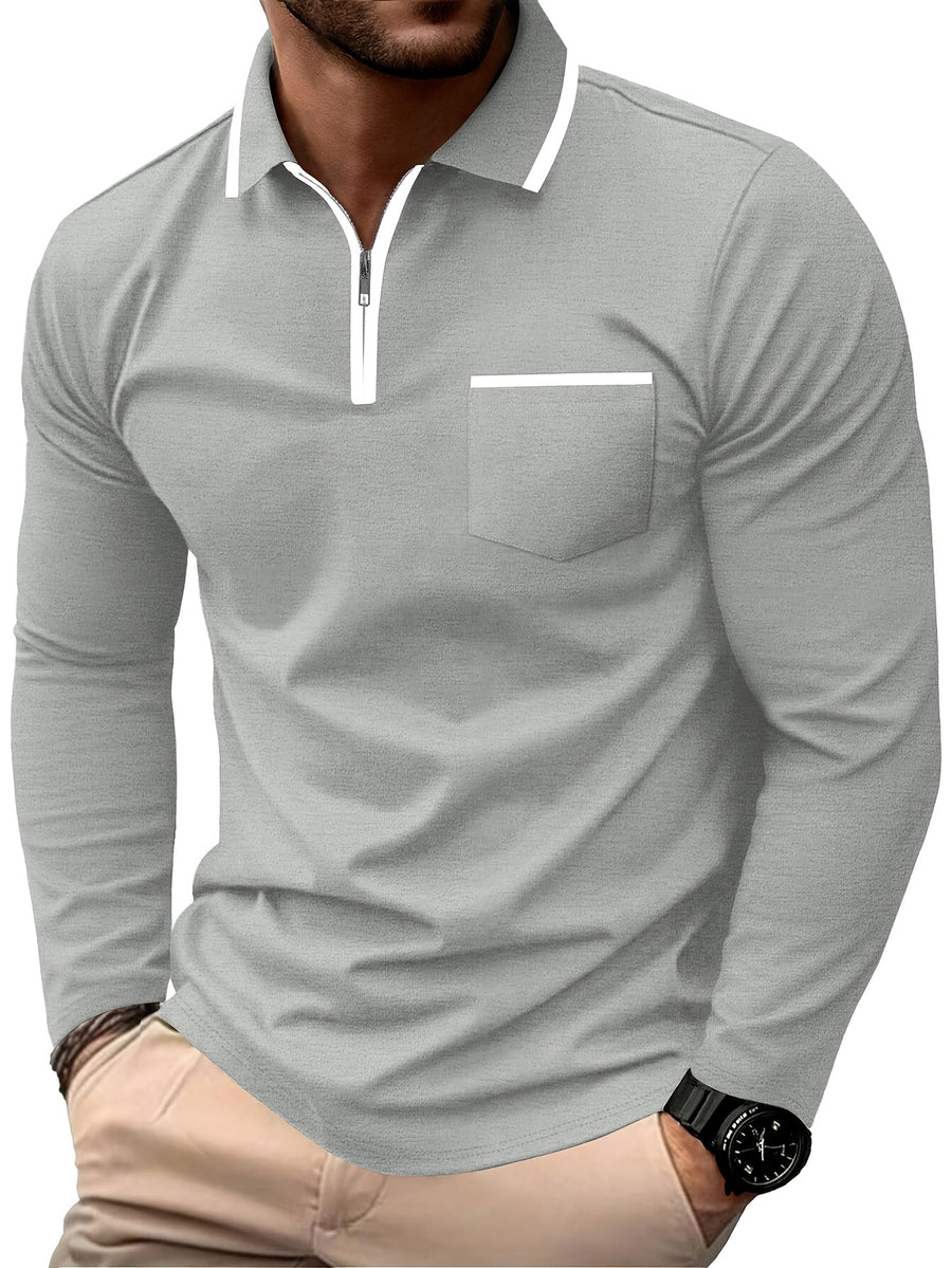 Autumn Cross-Border American Men'S Long Sleeve Polo Shirt Men'S Base Layer Contrast Top - Grey