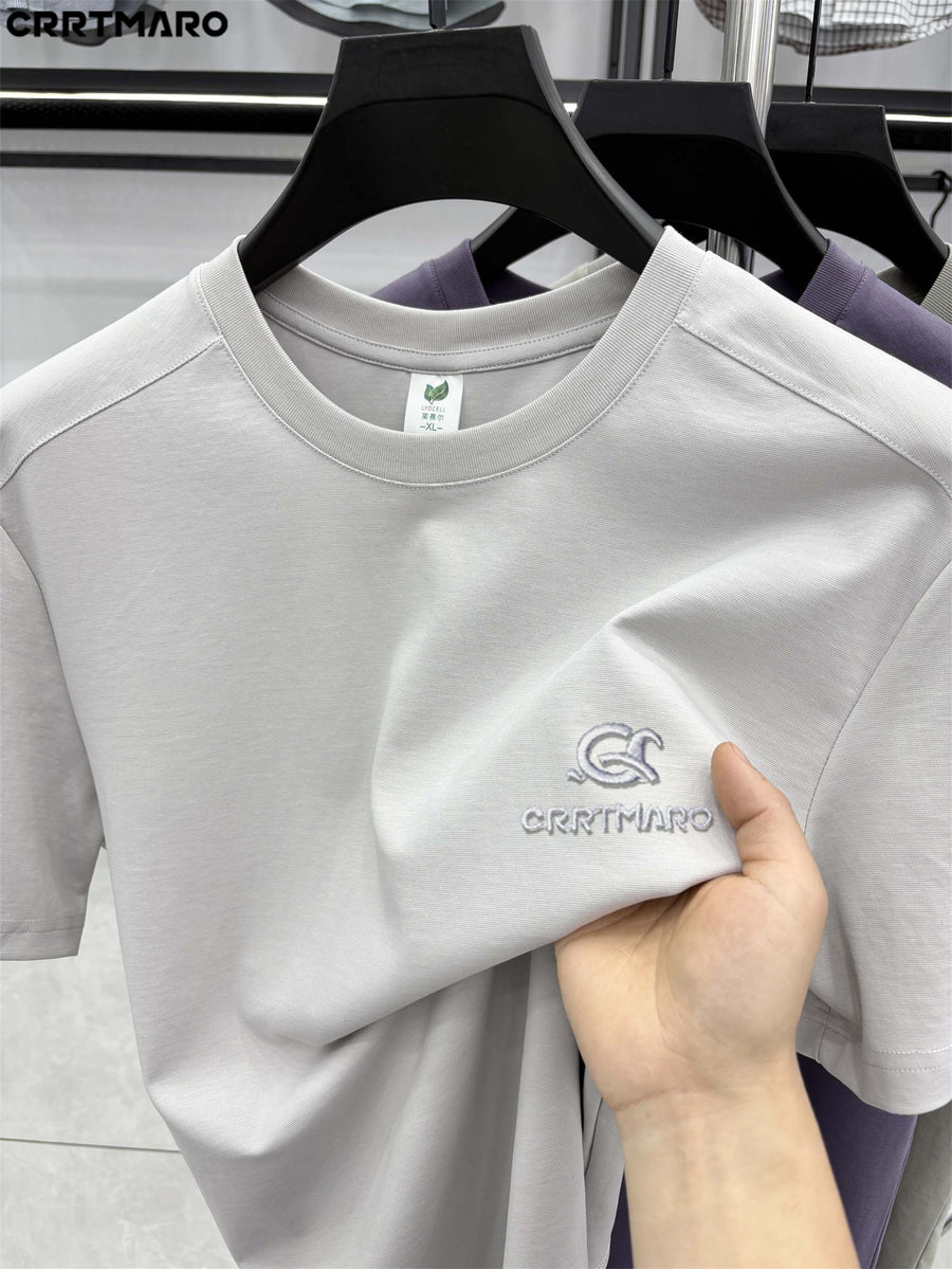 Katemar CRRTMARO New Summer Round Neck Ice Silky Fiber Fabric Quick-Dry Short Sleeve T-Shirt for Young Men, Loose Fit Casual Short Sleeve Top, Men's Apparel NKY - Silvery Gray