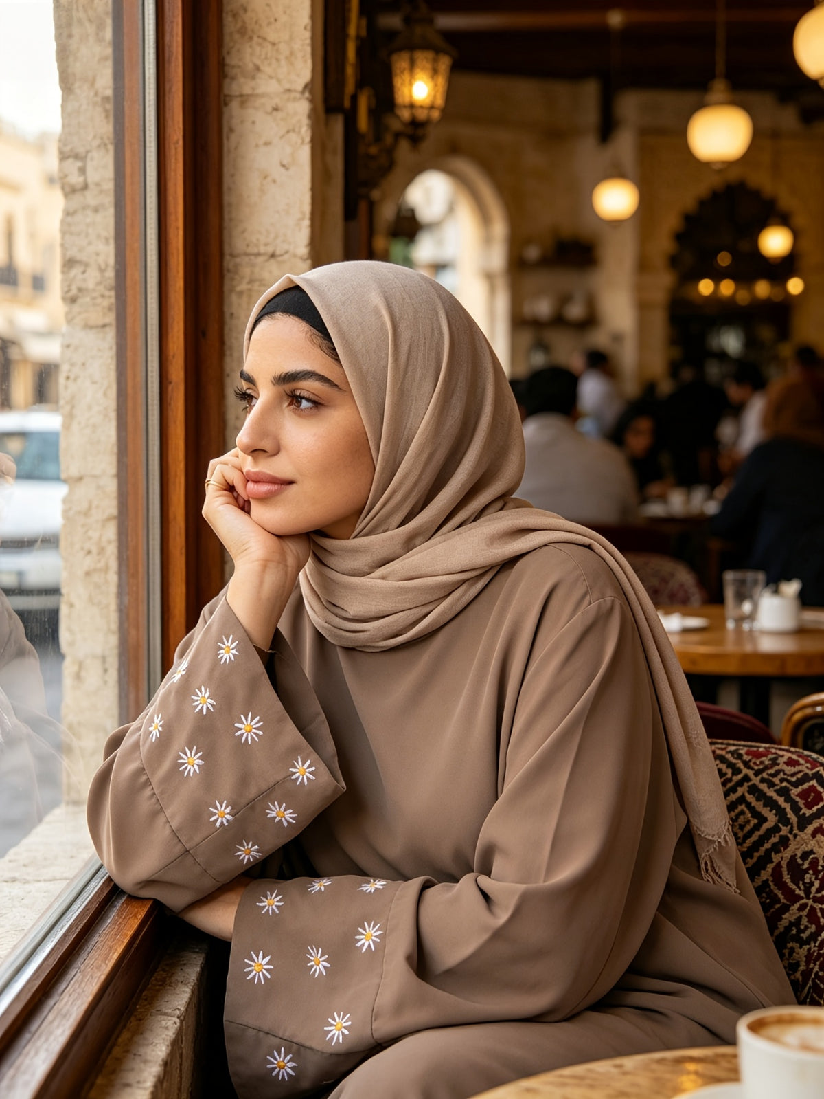 1pc (Scarf Not Included) This Fashionable, Elegant And Casual Abaya Dress with Embroidered Small Chrysanthemums at The Cuffs, No Scarf, Solid Color, Suitable for Daily Wear, Loose And Comfortable for Women. Islamic Clothing for Women Kleider Damen - Khaki