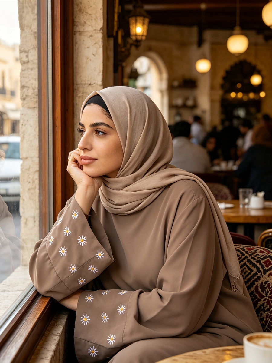 1pc (Scarf Not Included) This Fashionable, Elegant And Casual Abaya Dress with Embroidered Small Chrysanthemums at The Cuffs, No Scarf, Solid Color, Suitable for Daily Wear, Loose And Comfortable for Women. Islamic Clothing for Women Kleider Damen - Khaki
