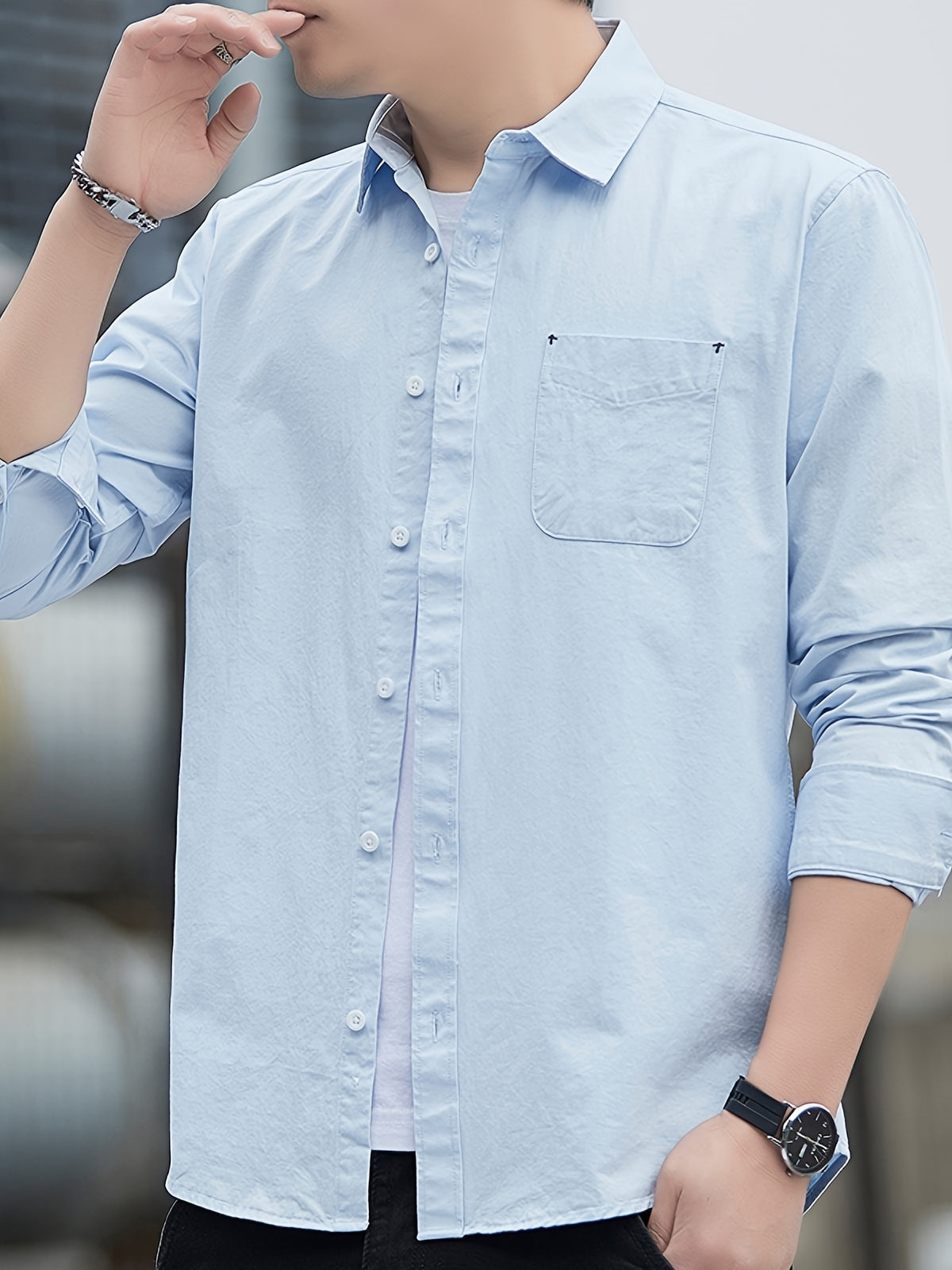 [Uomo Le Mi OBM] 1pc Spring/Autumn New Men'S Formal Shirt, Solid Color Lapel Pocket Open-Front Long Sleeve Shirt, Men'S Business Casual Fashion Versatile Shirt Jacket, Suitable for Spring And Autumn Single Wear Or Outerwear, Fits Daily And Casual - Sky Blue