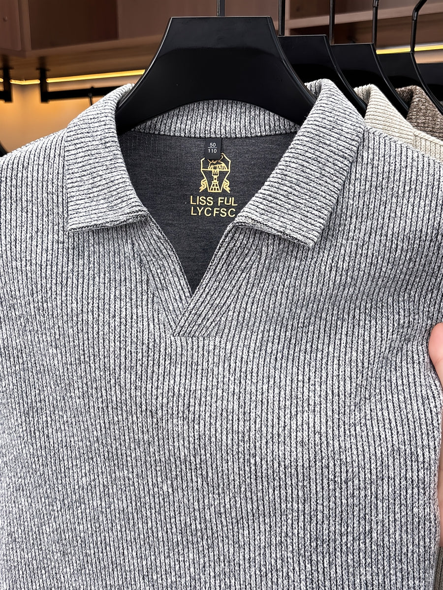 Autumn New Style Long Sleeve Polo Shirt Lapel No Button V-Neck Design Vertical Stripes Ribbed Knit Thick Long Sleeve Solid Color Basic Fit Outdoor Casual Commuter Men'S Clothing Quality Casual Top Business Office - Light Grey