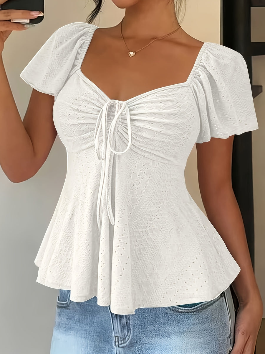 Fashionable and Elegant Spring/Summer New Arrival Y2K Solid Color Jacquard Comfortable and Breathable V-Neck Drawstring Short Sleeve Top Women's T-Shirt - White