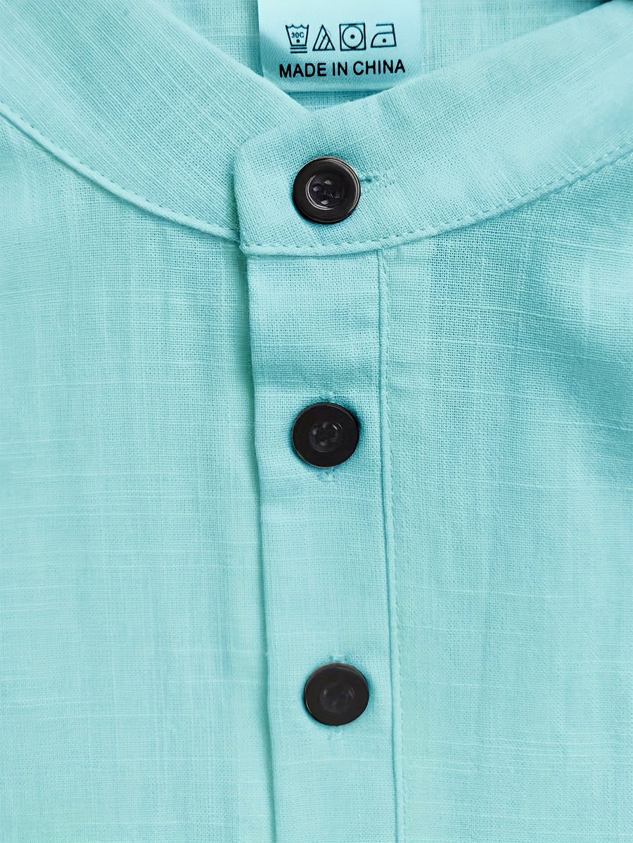 Men's Casual Solid Color 100% Cotton Short Sleeve Summer Button-Up Shirt, Round Neck Breathable Sweat-Absorbent Pure Cotton Pocket Print 100g Lightweight Shirt - Light Blue