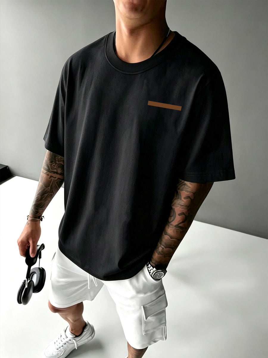 Men's Trendy Short-Sleeve T-Shirt with Minimalist Brown Long Strip Logo Print on the Chest, Crew Neck Top for Daily Wear - Black