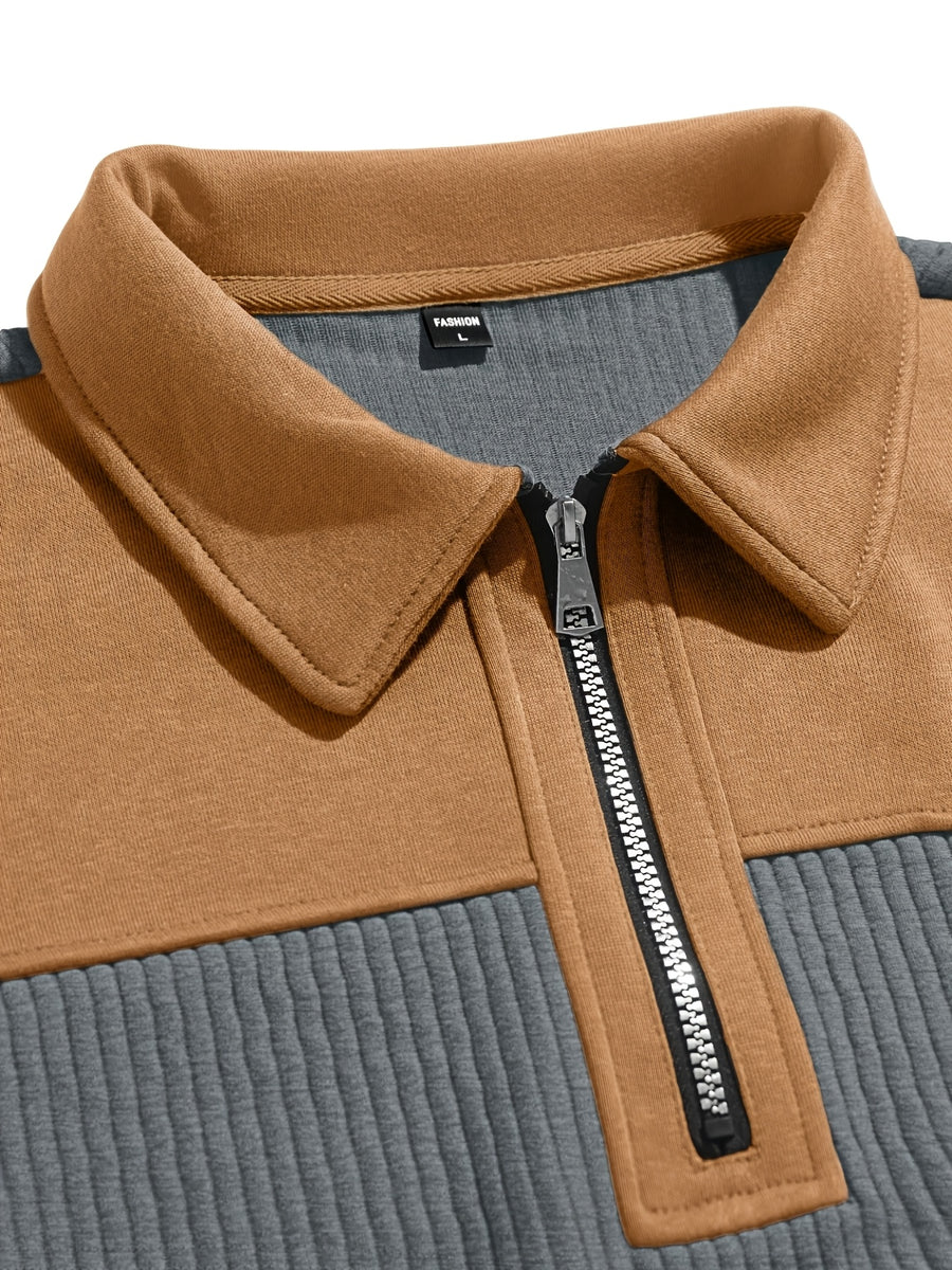 Light Luxury Color-Block Patchwork Half-Zip Lapel Sweater, Men'S Pinstripe Stretch Long Sleeve Casual Commuter Top - Grey