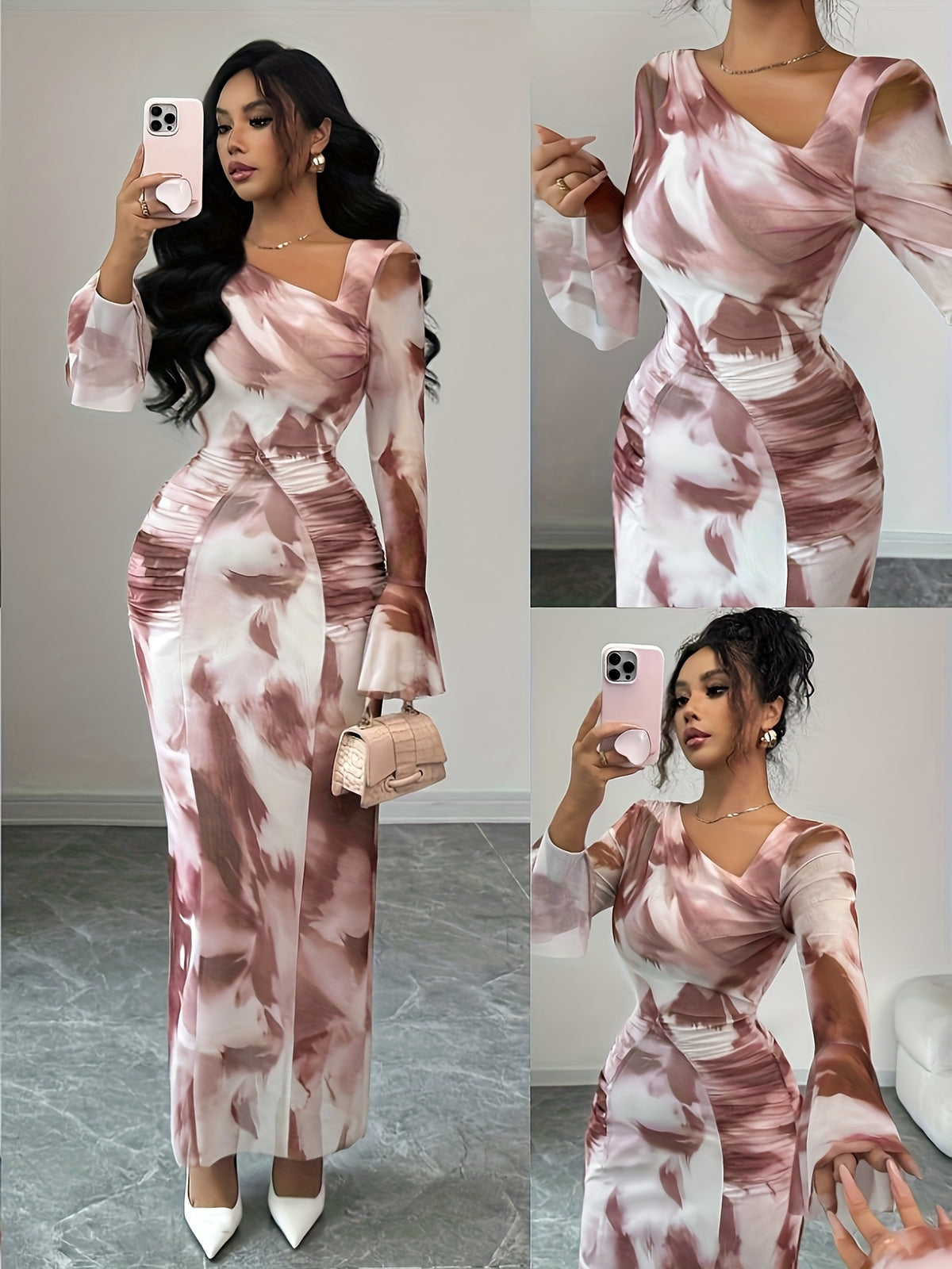 Spring And Summer Women'S French Retro Tie-Dye Print Mesh Pleated Slim Fit Flared Sleeve Tight Mini Dress - Mixed colors