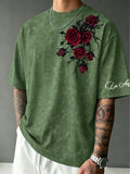 Men's Vintage Distressed Dark Red Thorn Rose Print T-Shirt - Streetwear Crew Neck Short Sleeve Top with Suitable for Casual Summer Wear, Machine Washable Regular Fit Gothic Rose for Layering & Everyday Outfits - Green
