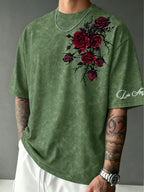 Men's Vintage Distressed Dark Red Thorn Rose Print T-Shirt - Streetwear Crew Neck Short Sleeve Top with Suitable for Casual Summer Wear, Machine Washable Regular Fit Gothic Rose for Layering & Everyday Outfits - Green