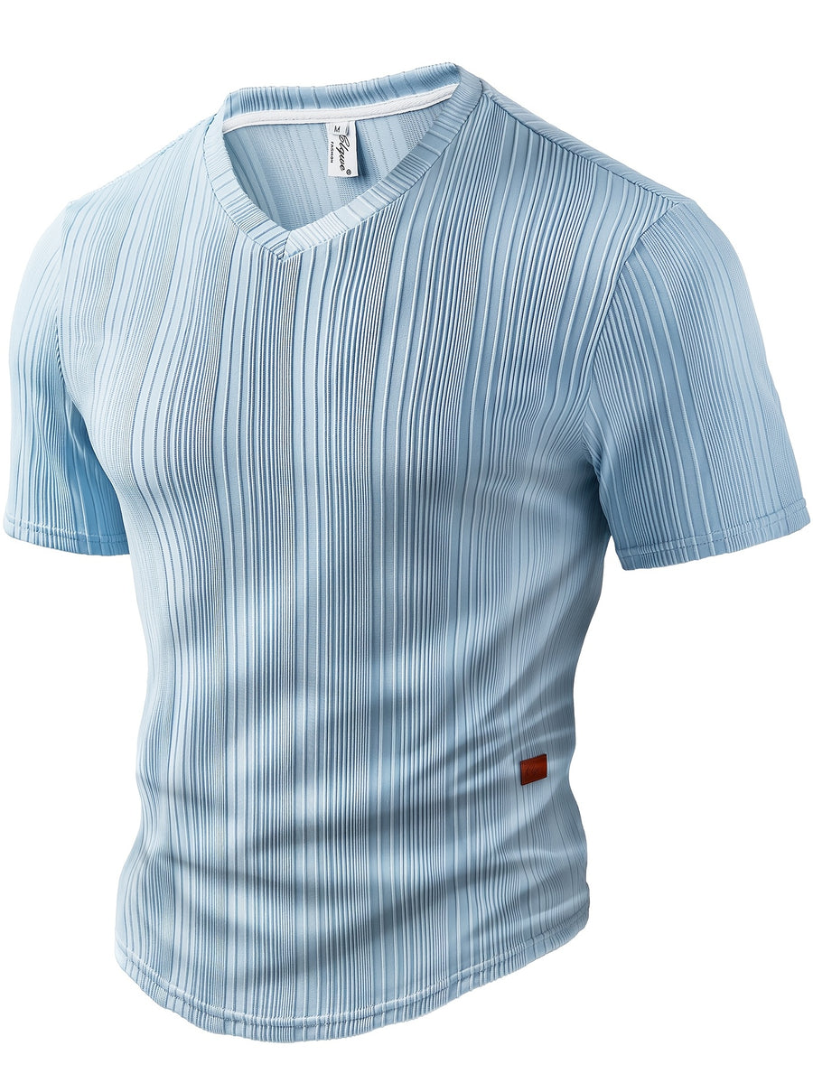 Men's Fashion Top, Spring/Summer Outdoor Casual Style, Pleated Textured Fabric V-Neck Short Sleeve Men's Henley Shirt - Sky Blue