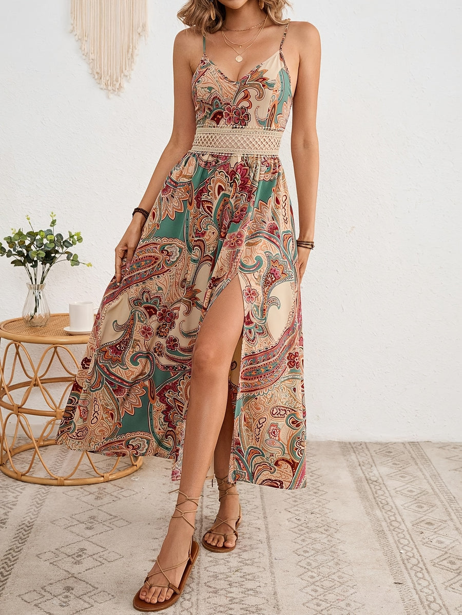 Vacation Print Slit Hem Neckline Dress for Women - Mixed colors