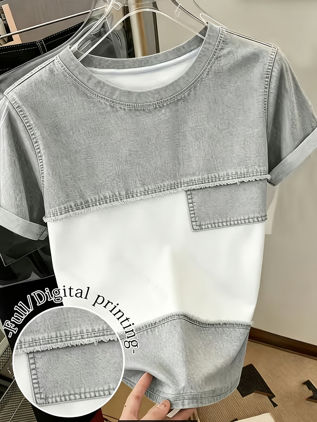[Printed Pants - Not Denim Fabric] Women's All-Over Imitation Denim Print T-Shirt - Short Sleeve Round Neck -Compatible Top | Full-Body Denim Patchwork Design | Machine Washable Casual Summer Style Suitable for Spring/Summer Casual Attire & Layering - Grey