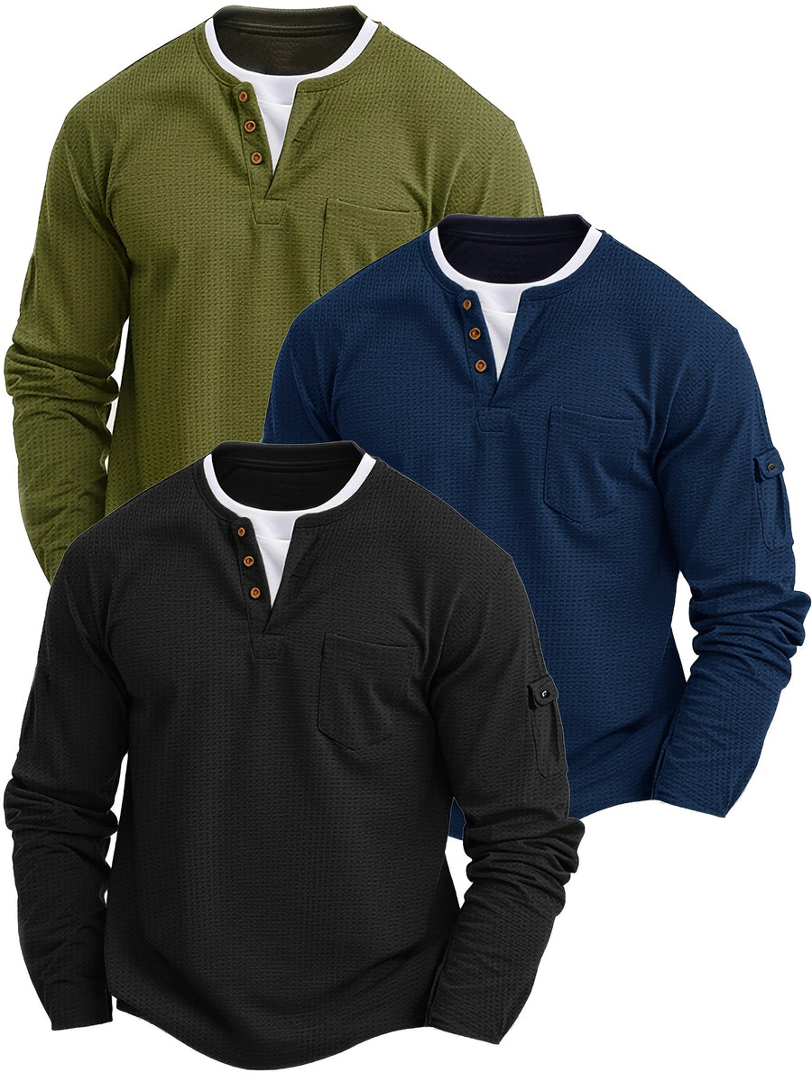 3pcs Men's Spring/Autumn New Style 2-in-1 Look Waffle Knit Long Sleeve Crew Neck T-Shirt, Versatile and Fashionable Top for Daily Commuting, Fitness, Sports, Home, and Casual Wear - Green + Navy Blue + Black