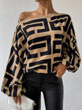 European and American Autumn Winter Spring New Random Print Off-Shoulder Elegant Casual Top - Light Brown-1