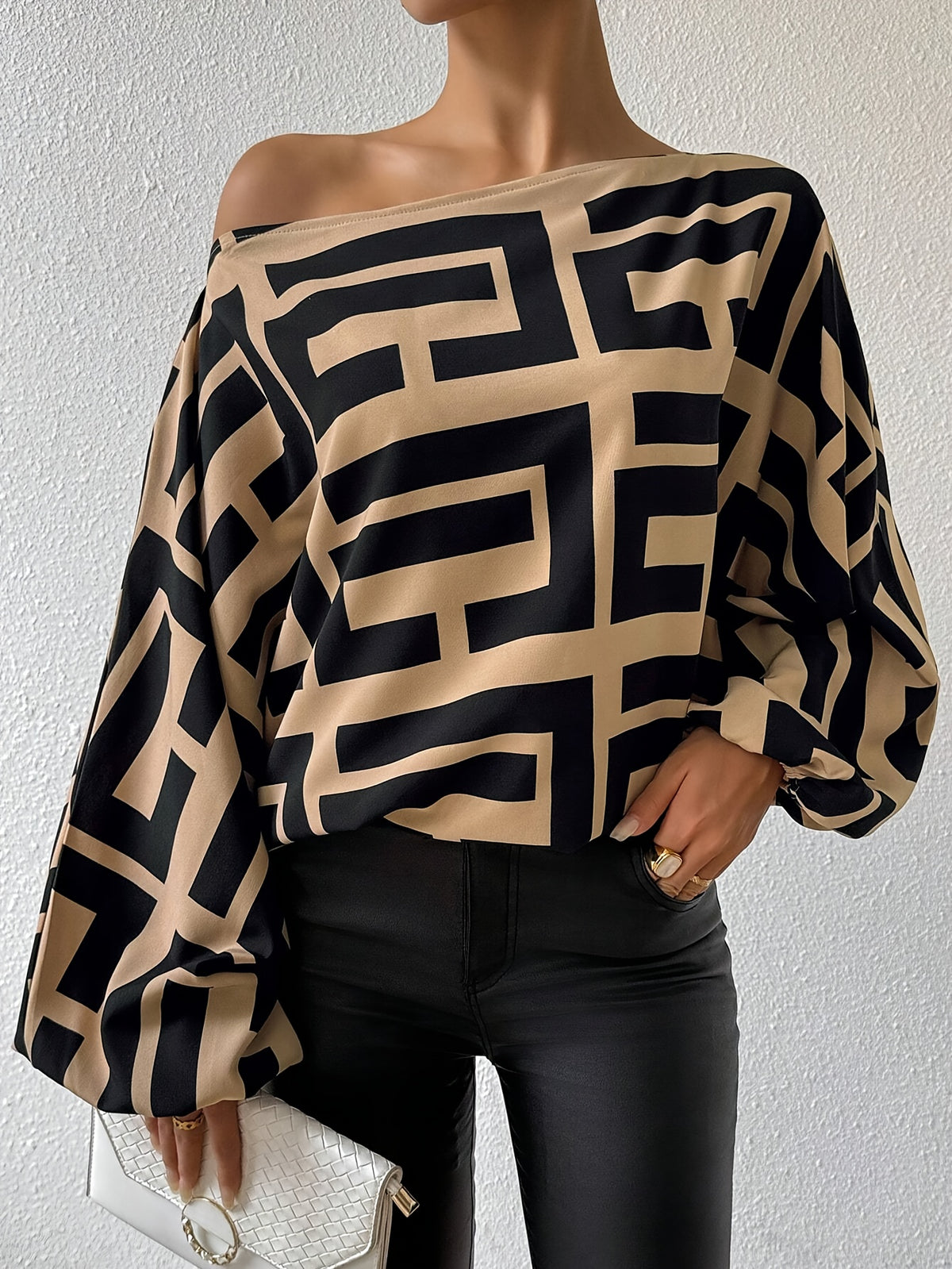 European and American Autumn Winter Spring New Random Print Off-Shoulder Elegant Casual Top - Light Brown-1