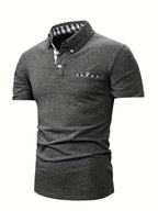 Summer New Fashion Trendy Men'S Plaid Patchwork Lapel Polo Shirt, Button-Decorated Pocket Slim Short Sleeve Top - Dark Gray