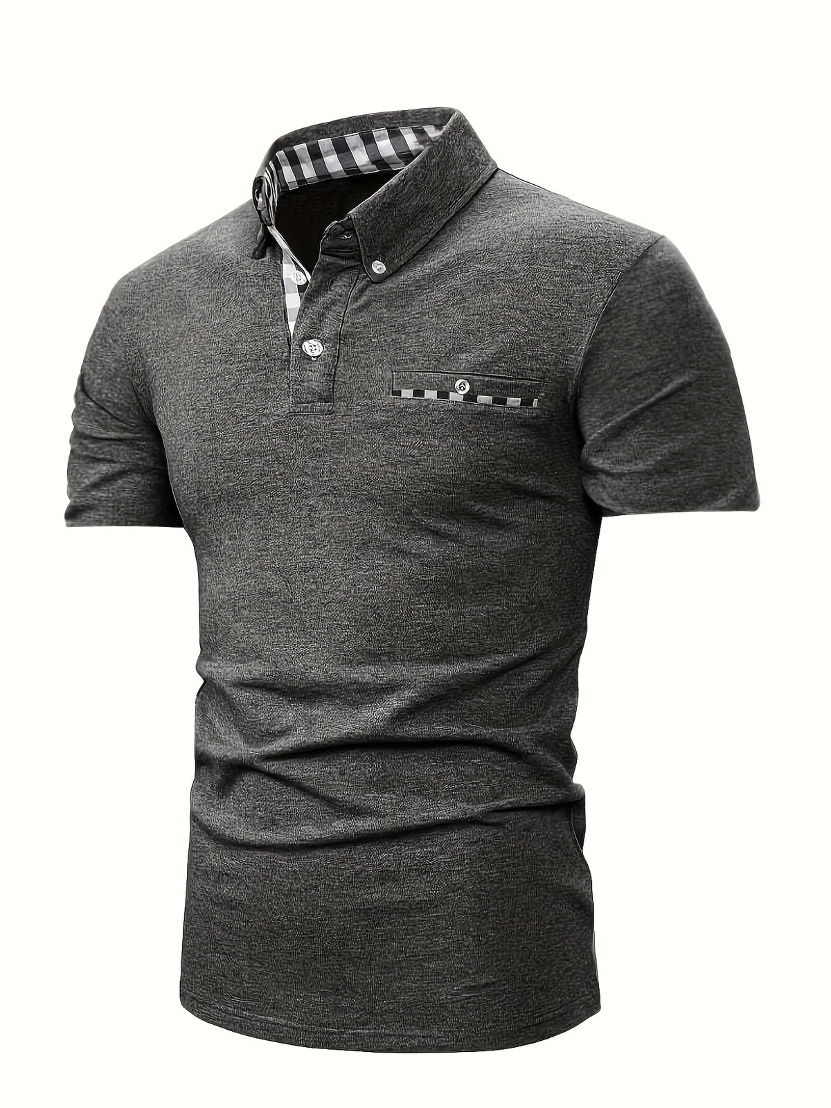 Summer New Fashion Trendy Men'S Plaid Patchwork Lapel Polo Shirt, Button-Decorated Pocket Slim Short Sleeve Top - Dark Gray