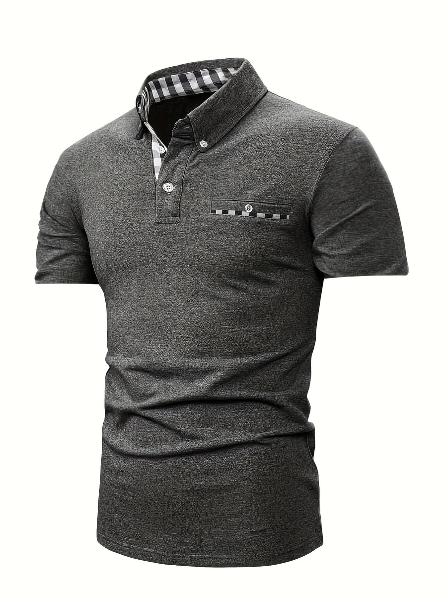 Summer New Fashion Trendy Men'S Plaid Patchwork Lapel Polo Shirt, Button-Decorated Pocket Slim Short Sleeve Top - Dark Gray