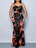 Black Sleeveless Dress with Orange Floral Print, Contrasting Color Accents, Shoulder Straps, and a Fishtail Hem, Perfect for Fashionable Parties or Casual Summer Holidays - Multicolor