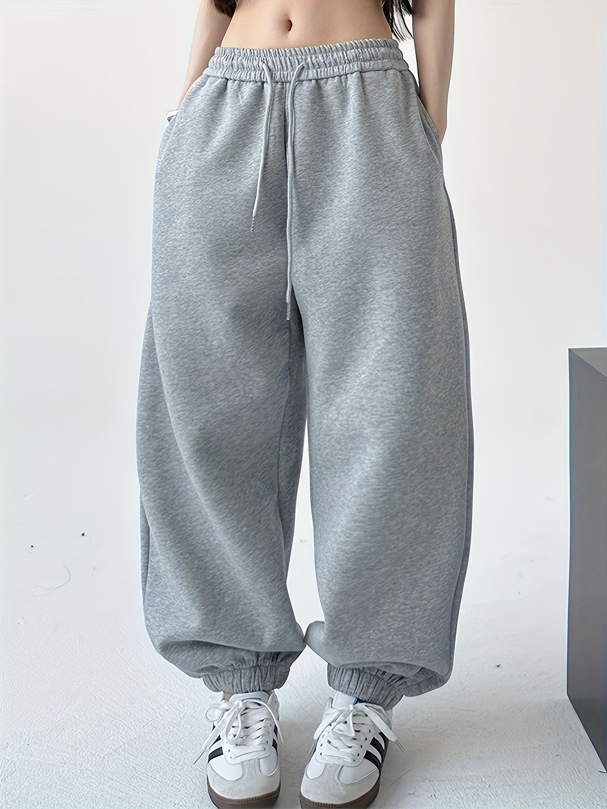 Solid Color Loose Ankle-Cinching Casual Trousers with Fake Pocket Flap - Grey