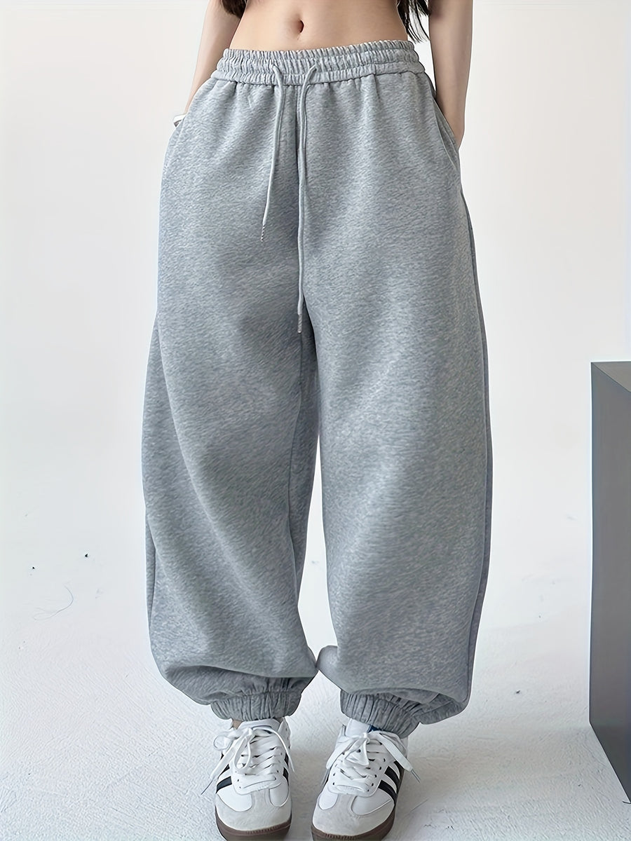 Solid Color Loose Ankle-Cinching Casual Trousers with Fake Pocket Flap - Grey