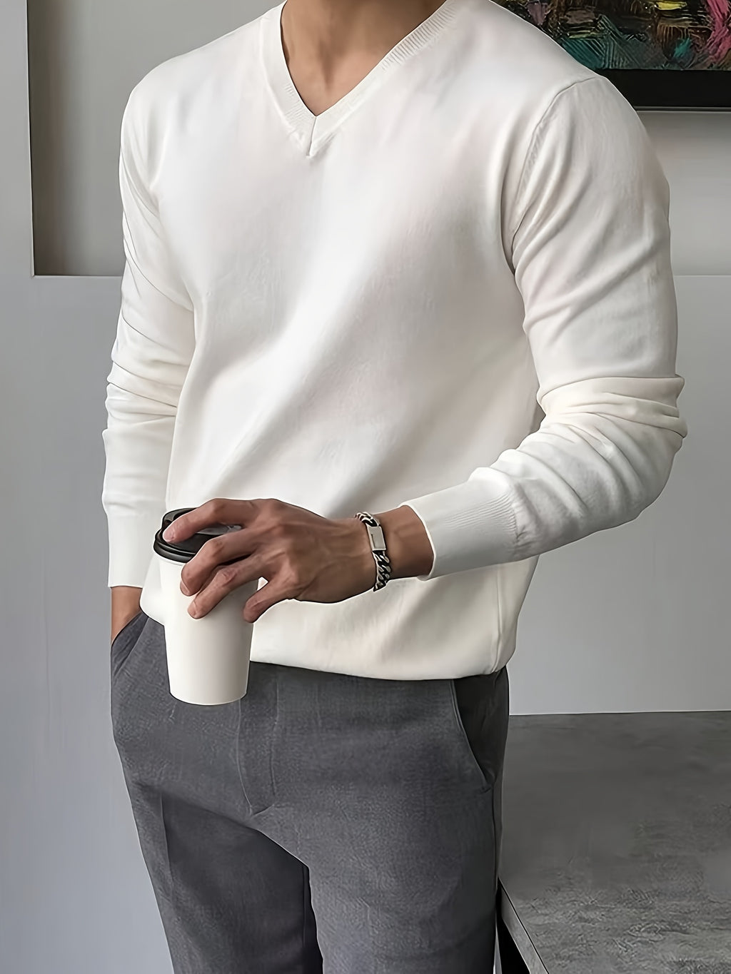 Autumn and Winter Basic Men's V-Neck Knit Sweater, Versatile Daily Commute Top - White