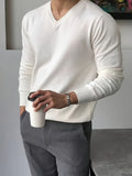 Autumn and Winter Basic Men's V-Neck Knit Sweater, Versatile Daily Commute Top - White