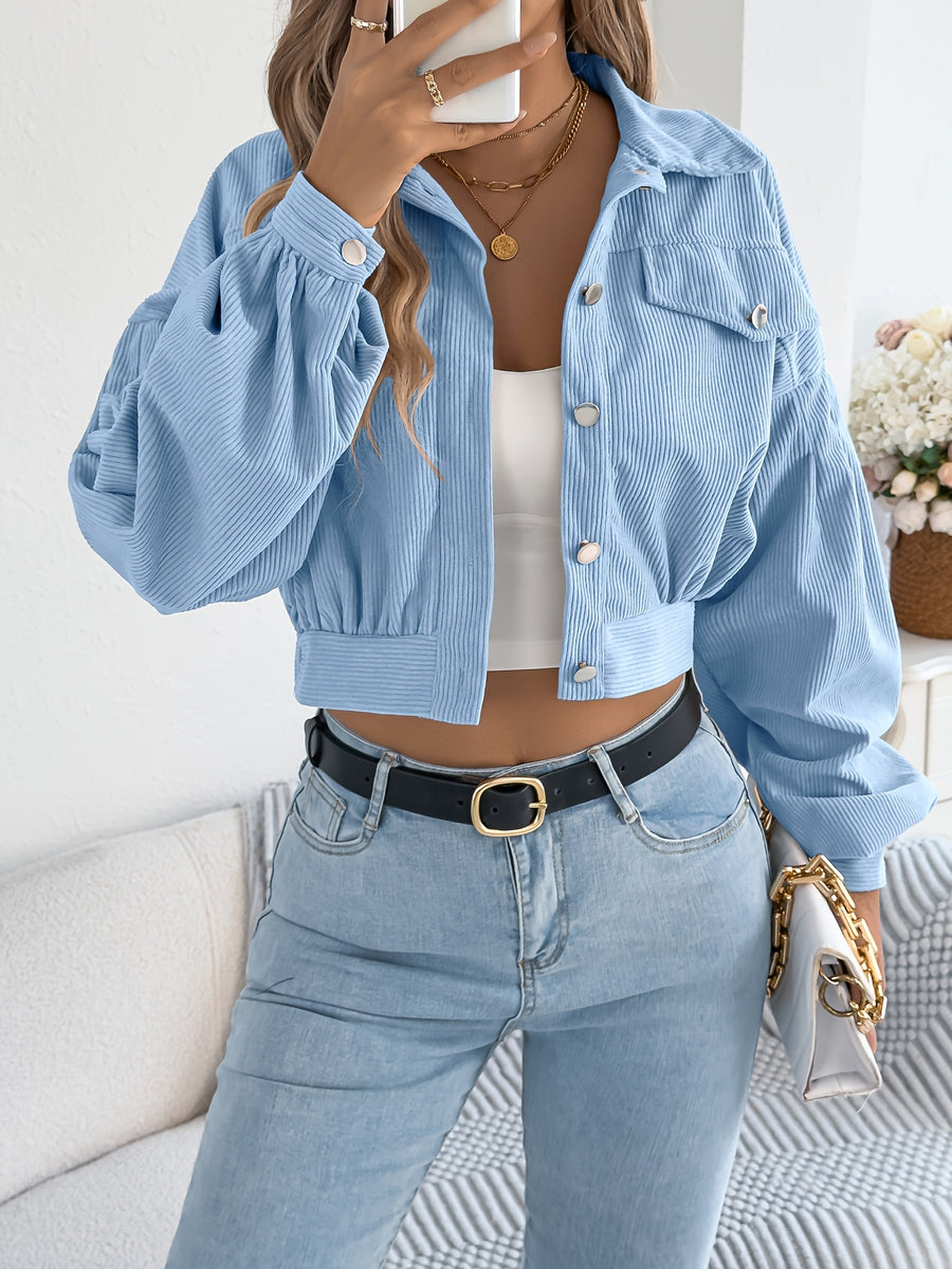 Spring Autumn Casual Vacation Solid Color Single Breasted Lantern Long Sleeve Corduroy Short Coat Women'S Jacket - Light Blue