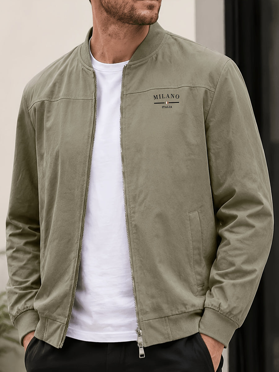 Men's Autumn/Winter 100% Zip-Up Pilot Jacket Coat, MILANO Print Zipper Stand Collar Casual Baseball Jacket, 6 Colors Available, Casual, Simple, Breathable, Lightweight Outerwear Winter Clothes for Men - Khaki