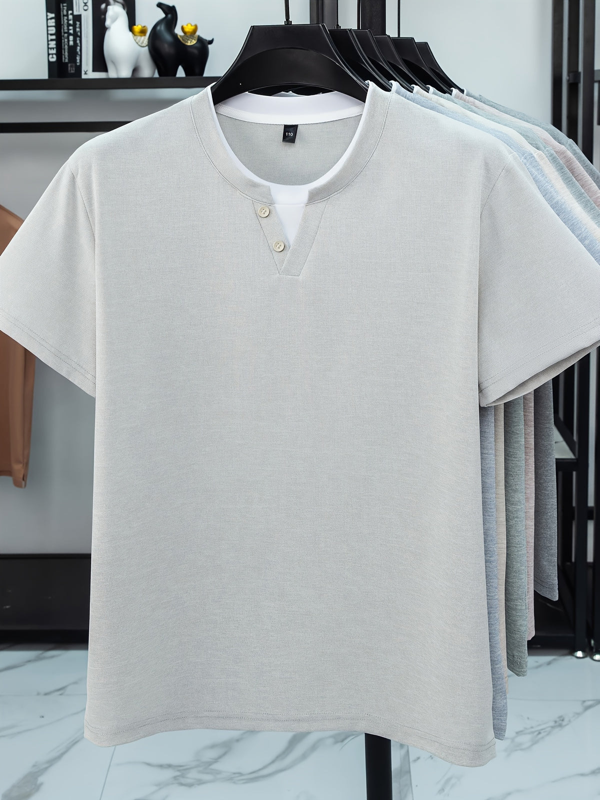 [Saa Xing OBM] Spring Summer New Men'S Polo Shirt, Faux Two-Piece V-Neck Open Collar And Round Neck Short Sleeve T-Shirt Men'S Business Casual Fashion Breathable All-Match Knit Pullover Base Layer Top - Light Grey