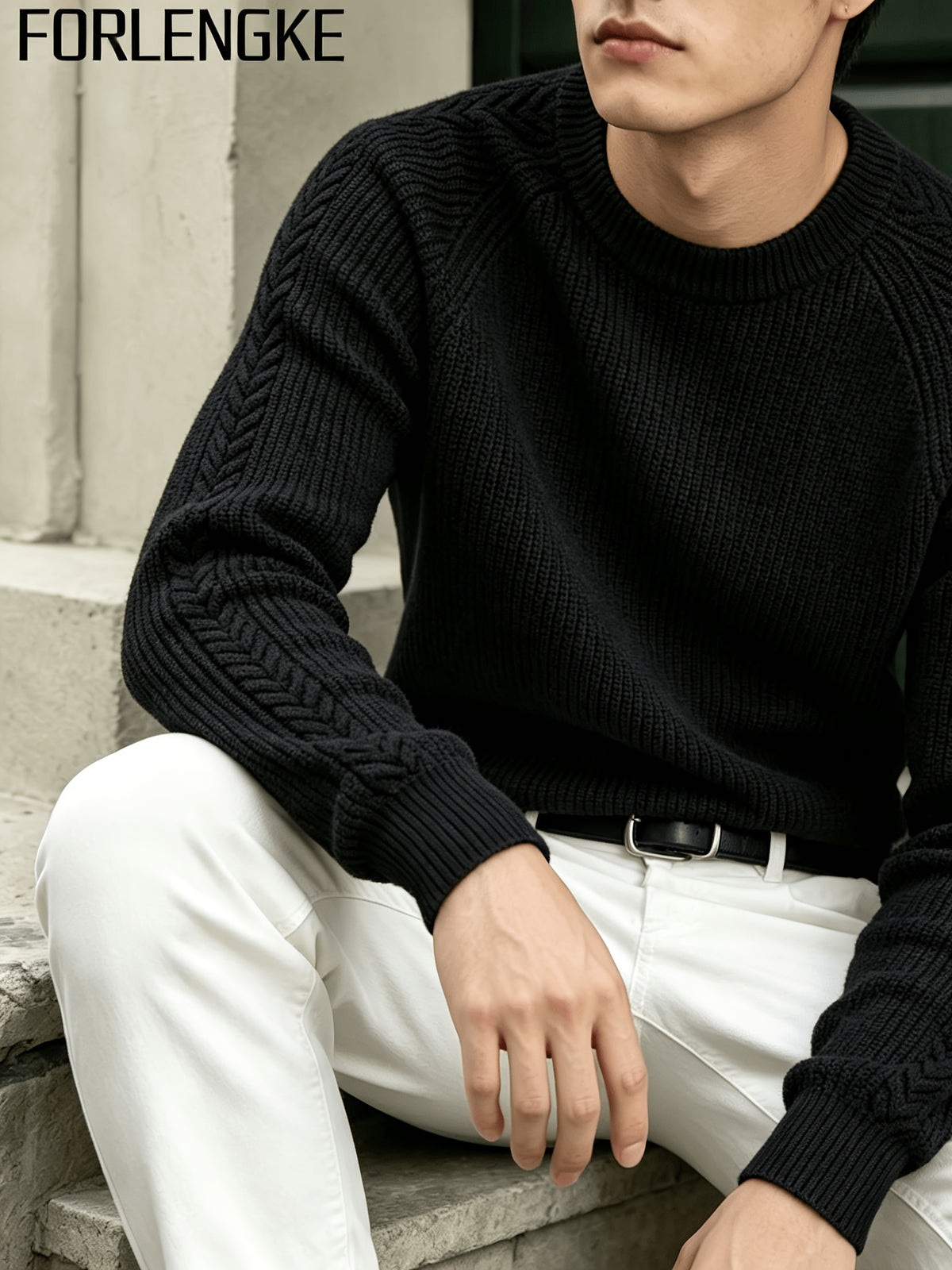 FORLENGKE Men's Business Casual Crew Neck Ribbed Knit Sweater, Soft Warm Long Sleeve Pullover for Fall Winter Office Daily Wear - Black