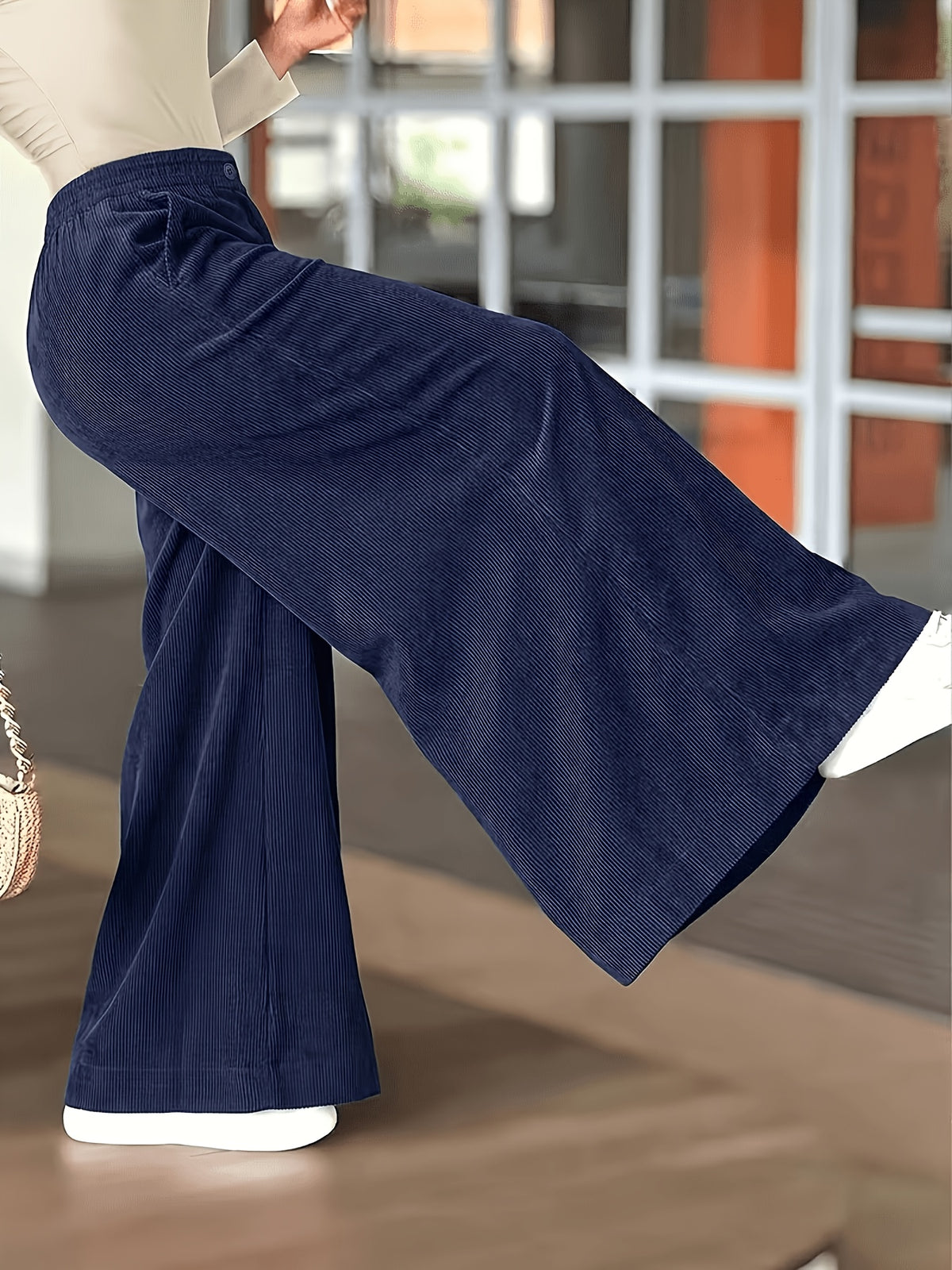 Women'S Corduroy Fashion Casual Wide-Leg Pants with Pockets, Elegant Loose Straight Trousers, High-Waist Drapey Wide-Leg Trousers, Loose Pants - Navy Color