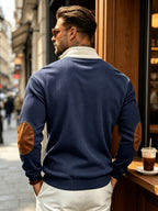 2026 New Men'S Color-Block Corduroy Sweatshirt - Casual Stand Collar, Long Sleeve with Ribbed Cuffs And Hem, Button Detail, Machine Washable - Elegant Two-Tone Patchwork for Fall, Autumn Fashion | Color-Block Design | Stretchable Fabric - Blue