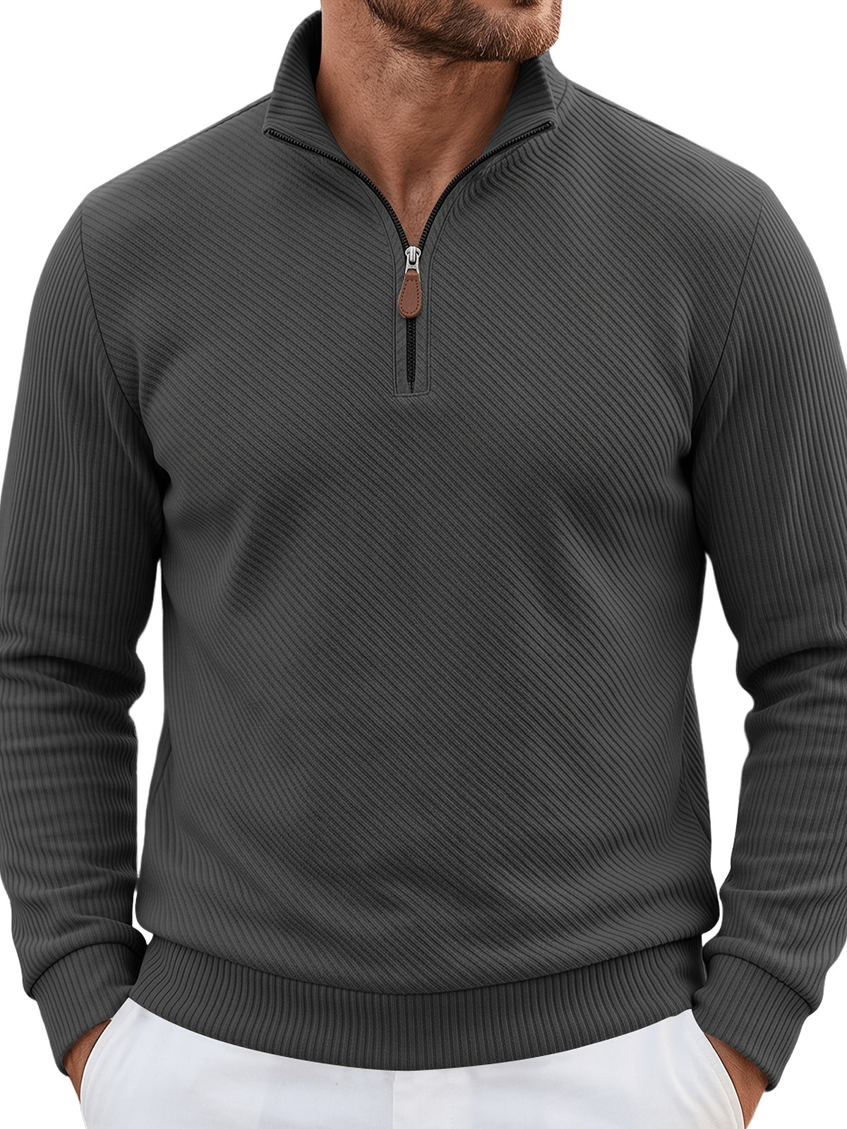 2pcs Men'S Autumn Winter New Corduroy Textured Half-Zip Stand Collar Knit Sweater Set, Light Luxury Long Sleeve Elastic Ribbed Base Layer Business Casual Inner Outerwear; Daily Commute, Home Entertaining, Camping Dating Scenarios - Khaki+Dark Grey