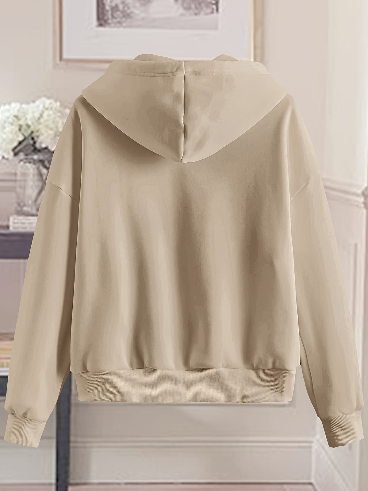 Love Print Hooded Zip-Up Sweatshirt Women'S Loose Casual Basic Cardigan Jacket - Apricot