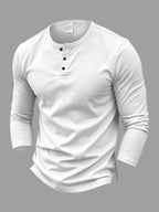 Men's Long-Sleeve Base Layer T-Shirt, Solid Color Henley Pullover - White